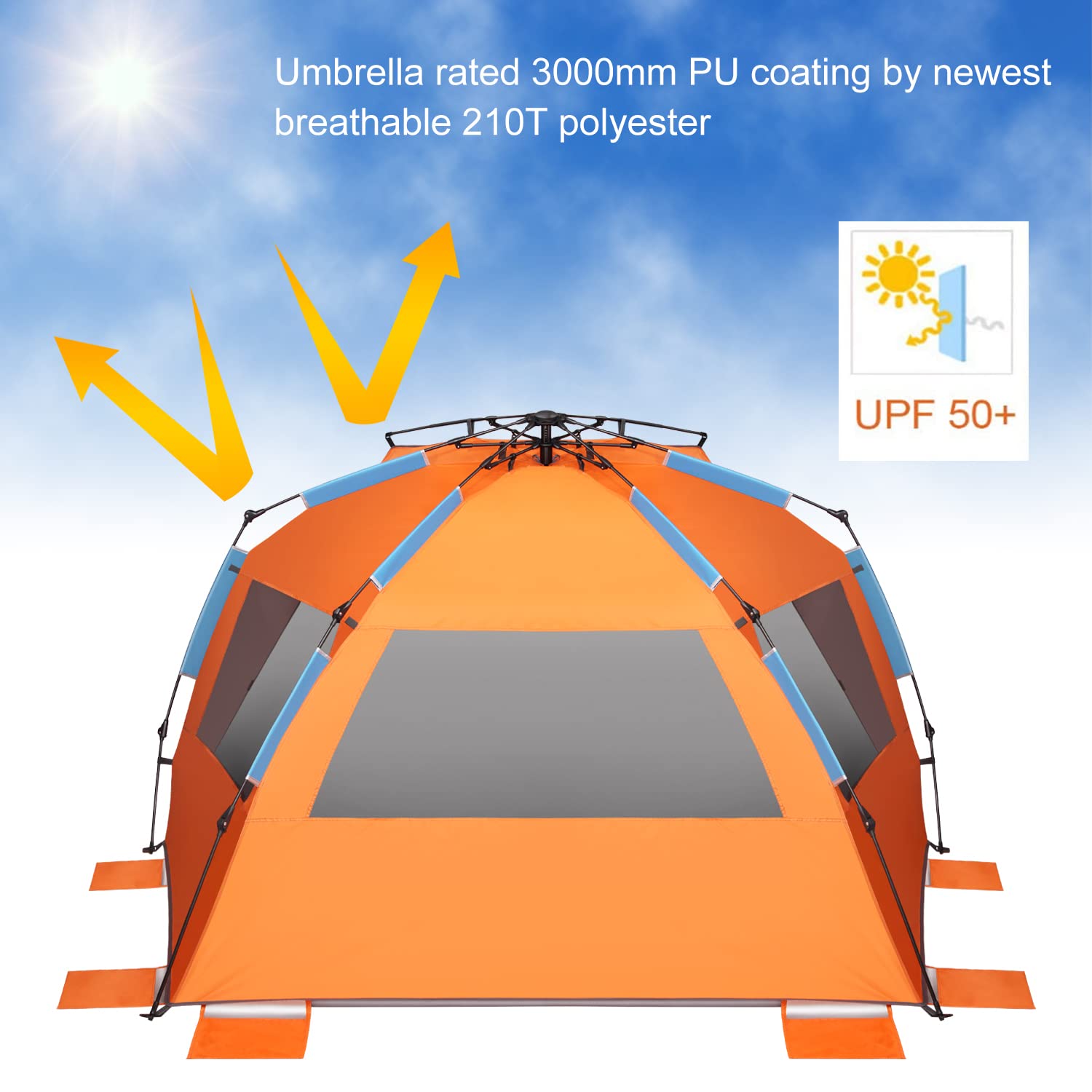 Oileus XX-Large tent design with awning and three windows enhances ventilation and airflow.