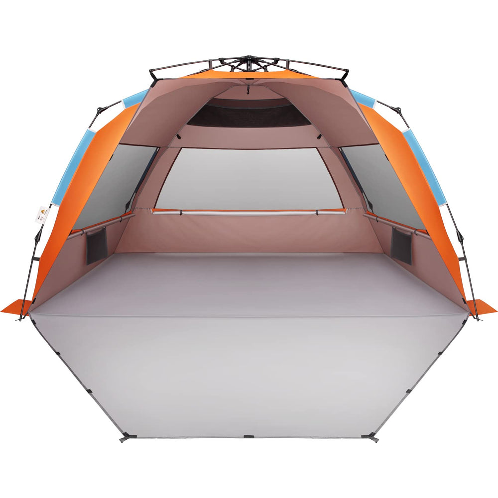Oileus XX-Large beach tent pop-up setup shows instant shade for busy beach days.