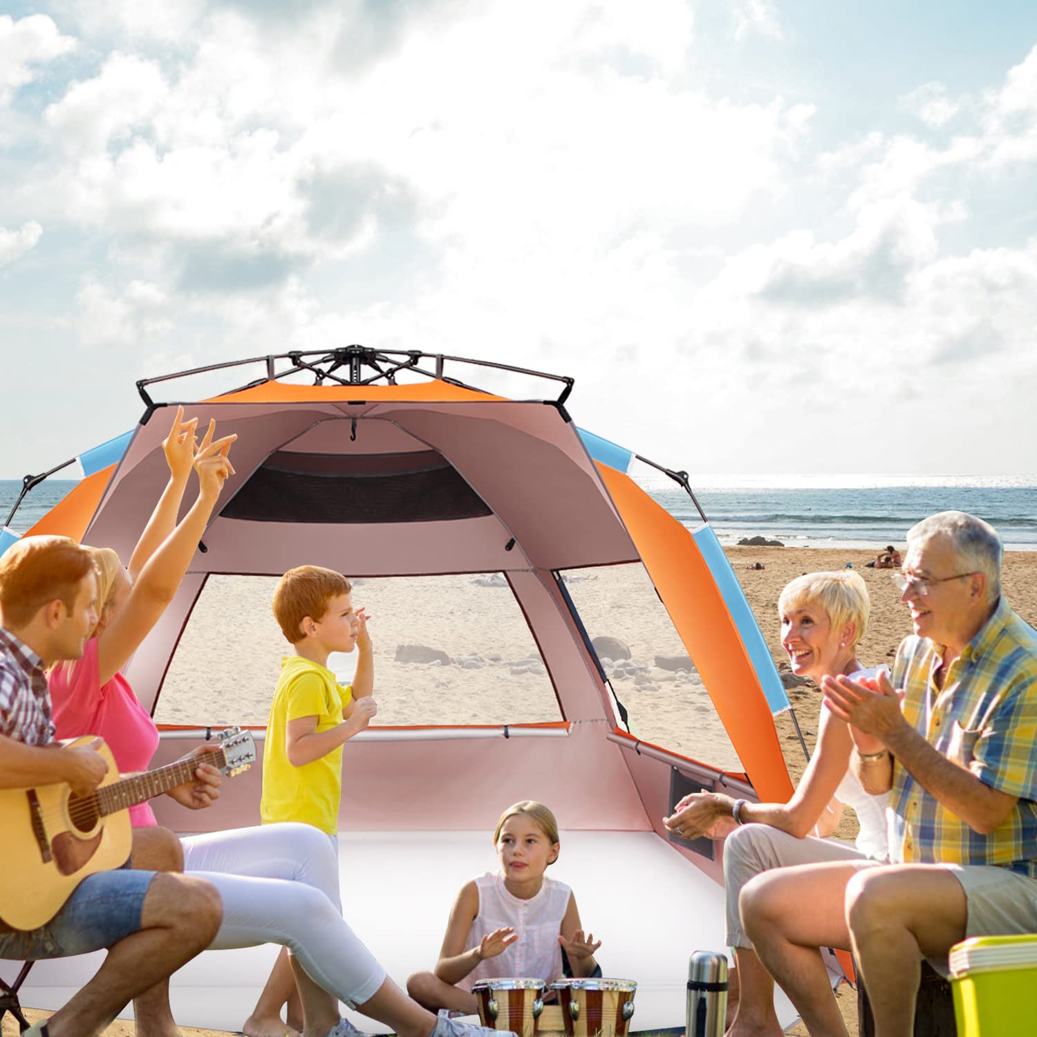 Oileus XX-Large beach tent with 3000mm PU coating blocks 99 percent UV rays for safer sun days.