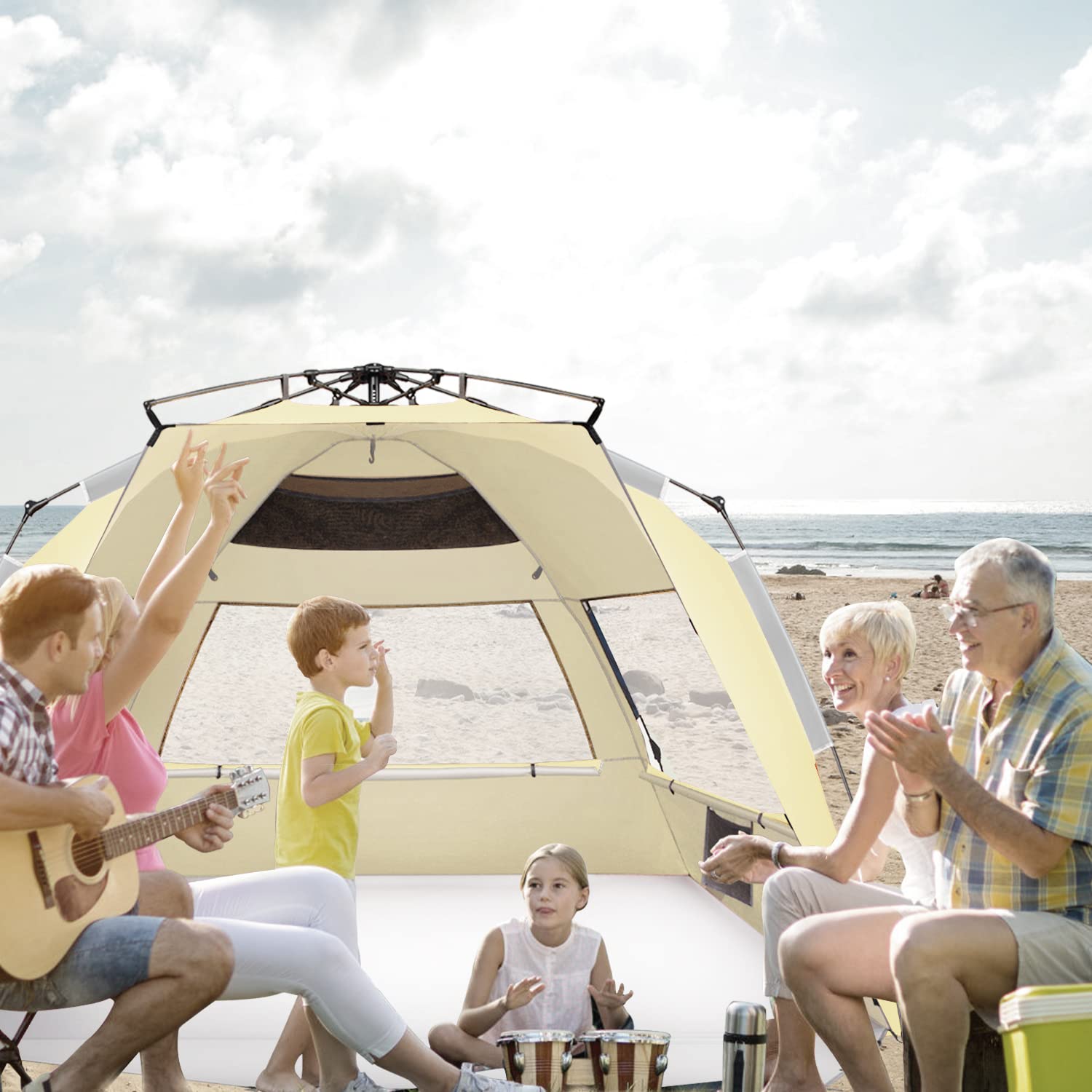 Oileus XX-Large pop-up beach tent interior offers roomy comfort for family downtime.