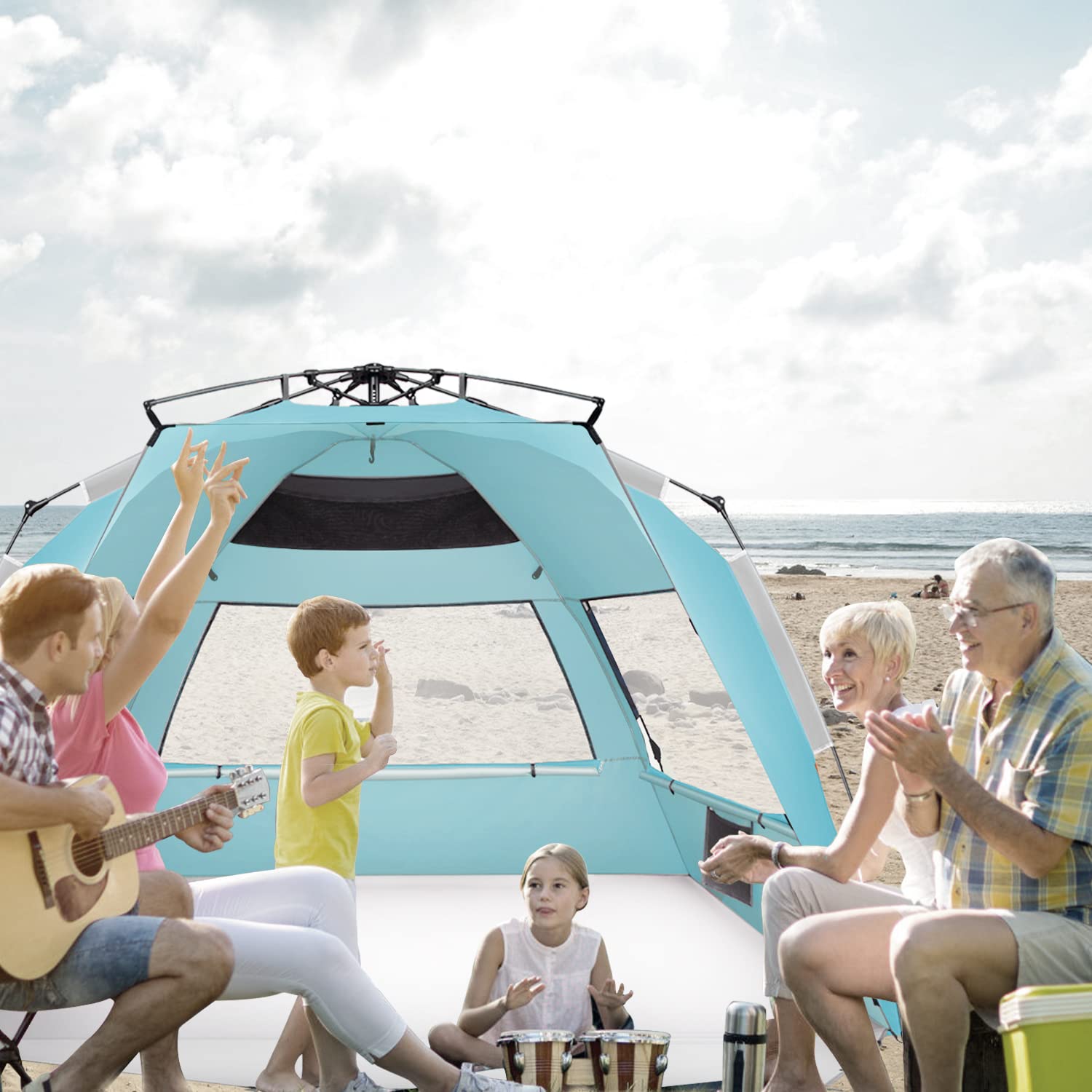 Oileus XX-Large pop-up beach tent interior offers roomy shade and comfort.