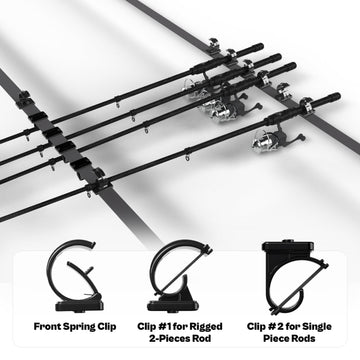 Side view of car fishing rod storage rack holding six fishing poles