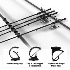Side view of car fishing rod storage rack holding six fishing poles