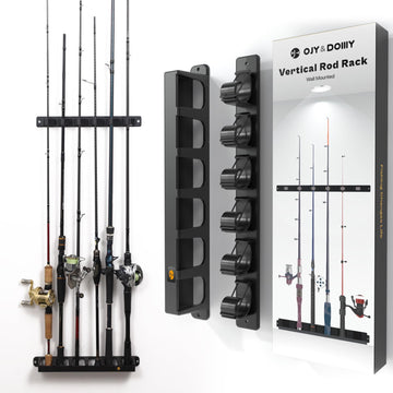 Front view of OJYDOIIIY Wall Mount Fishing Rod Holder in a garage