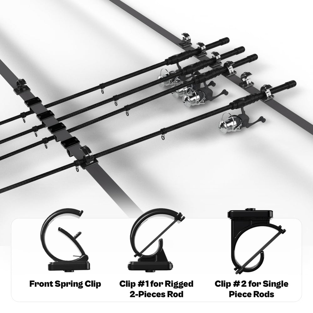 Close-up of retractable belts and clamps securing fishing poles