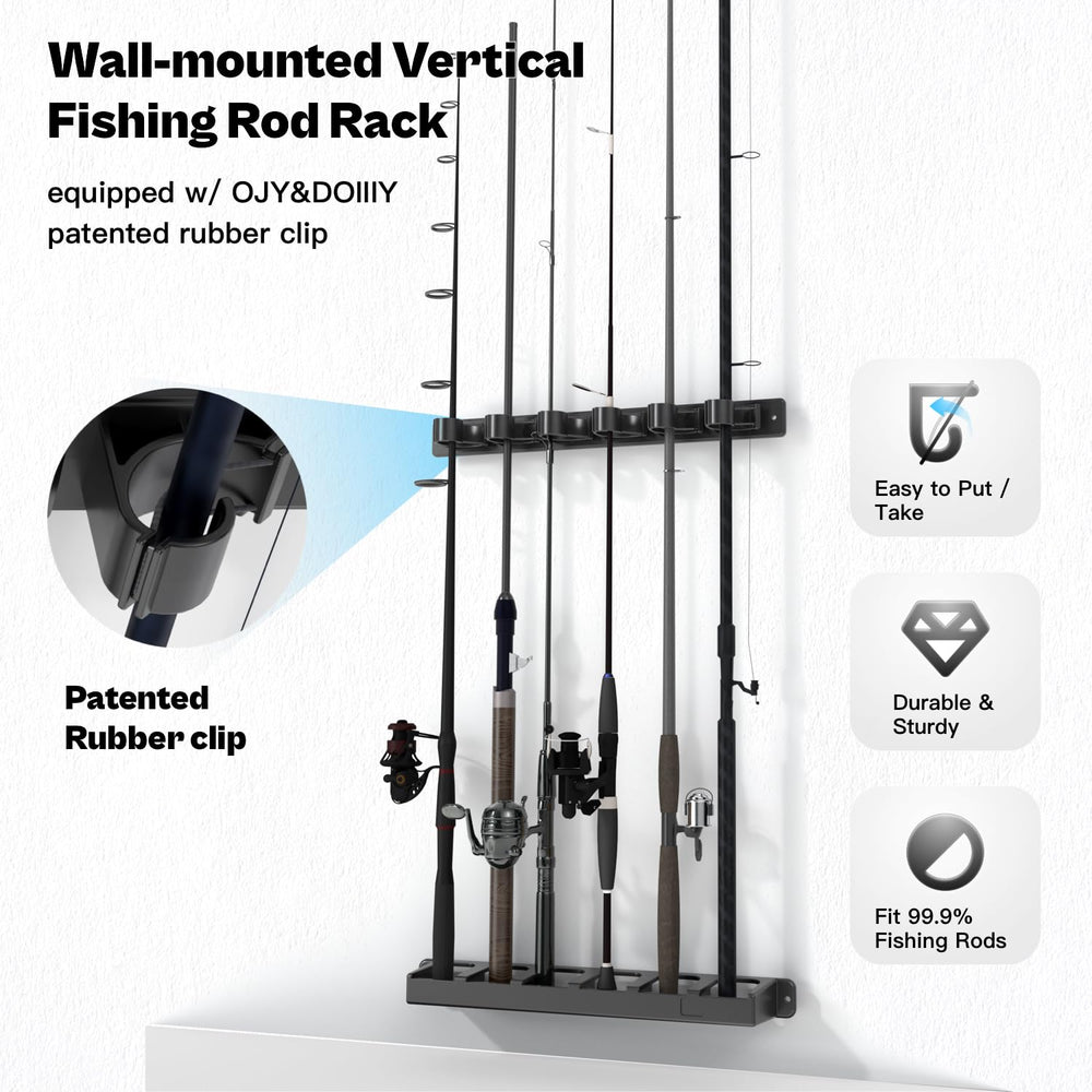 Vertical fishing rod holder showing compatibility with various rod sizes