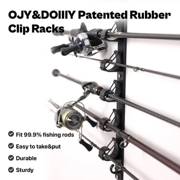 Wall-mounted fishing rod storage showing 6-rod capacity and 2 hangable gears