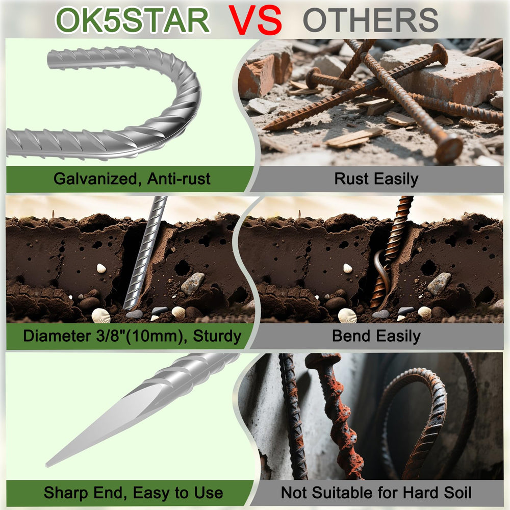 OK5STAR Rebar Stakes chisel point half-immersed in ground for easy installation