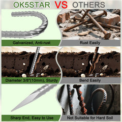 OK5STAR Rebar Stakes chisel point half-immersed in ground for easy installation
