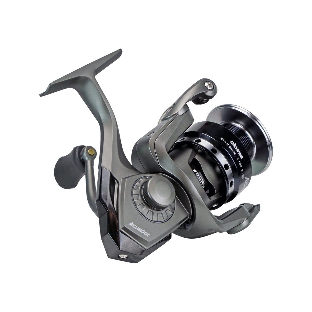 Okuma Acuador spool close-up emphasizes two-tone anodized finish.