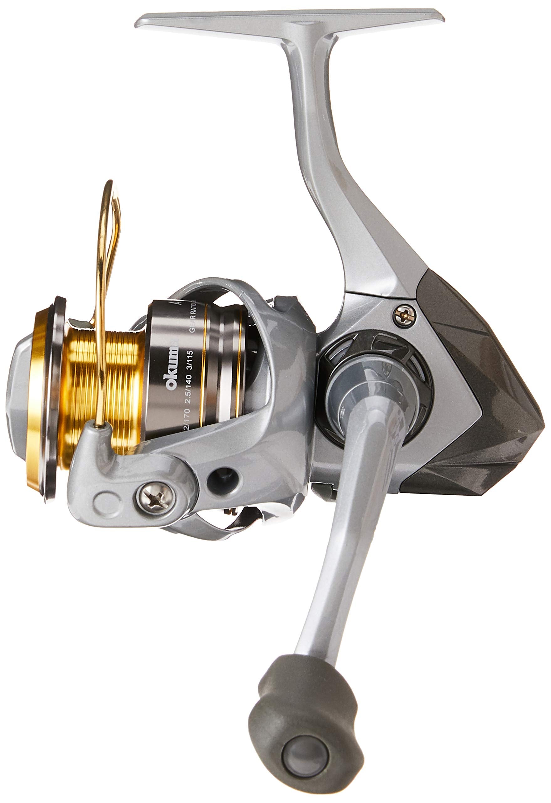 OKUMA Avenger reel brass pinion gear detail demonstrates precise gearing for smooth retrieves.