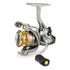 Okuma Avenger spinning reel brass pinion gear action shot emphasizes durability.