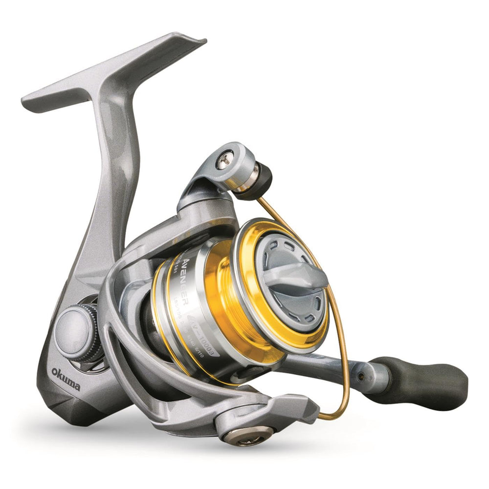 Okuma Avenger spinning reel front view highlights rugged construction for saltwater and freshwater use.