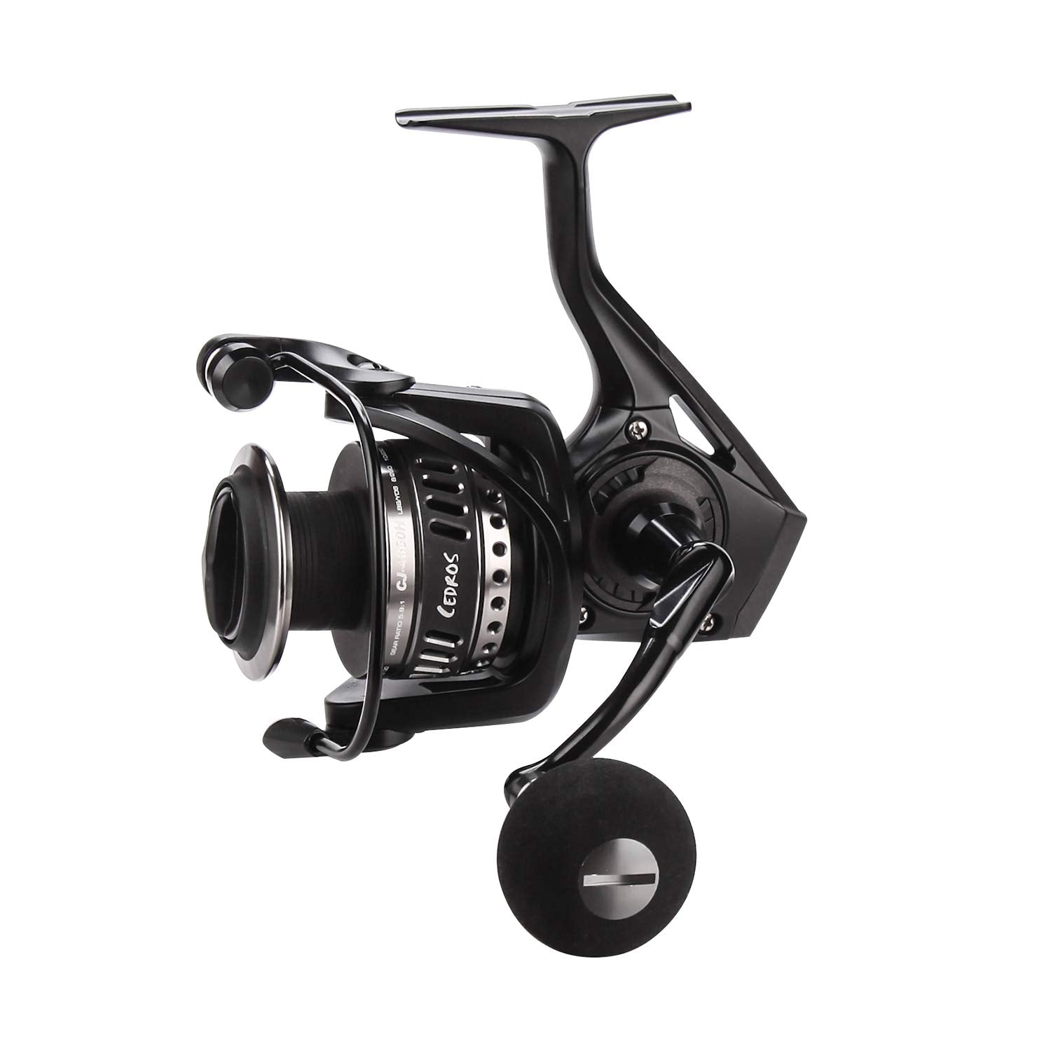 OKUMA Cedros CJ-400H reel side profile showing corrosion-resistant build for saltwater use.