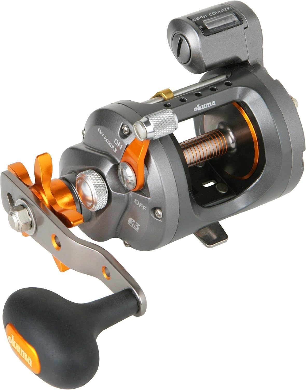 Okuma CW-203D gear and drag close-up with self-lubricating system