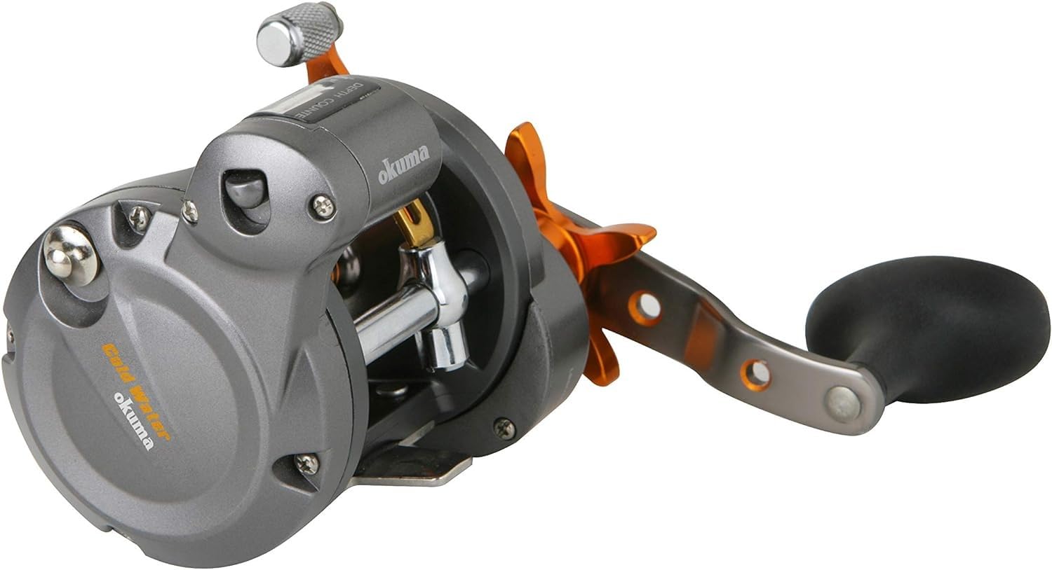 Okuma CW-203D side view shows rugged construction and cranking power