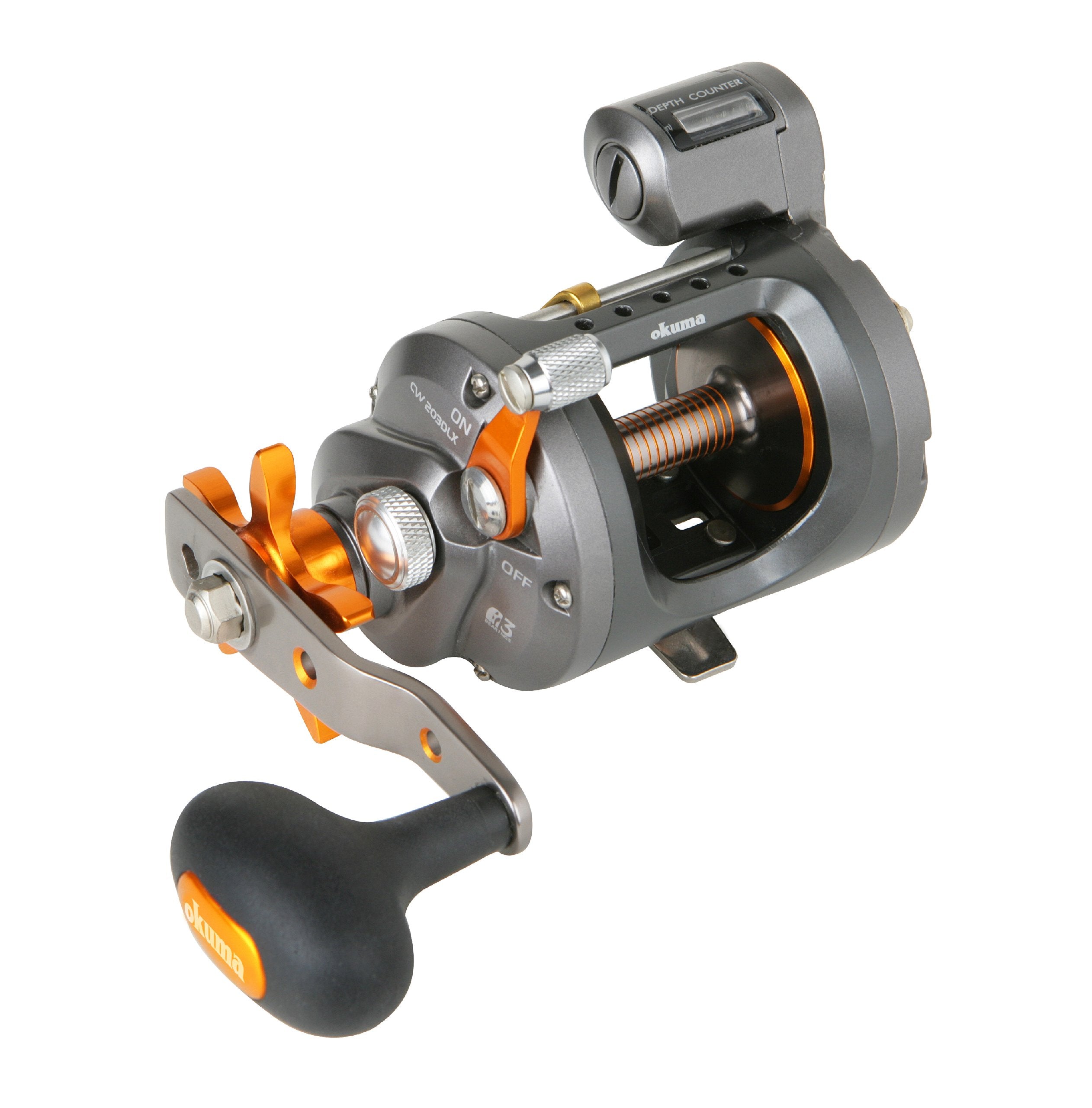 Okuma CW-203DLX gear box detail with self-lubricating gearing