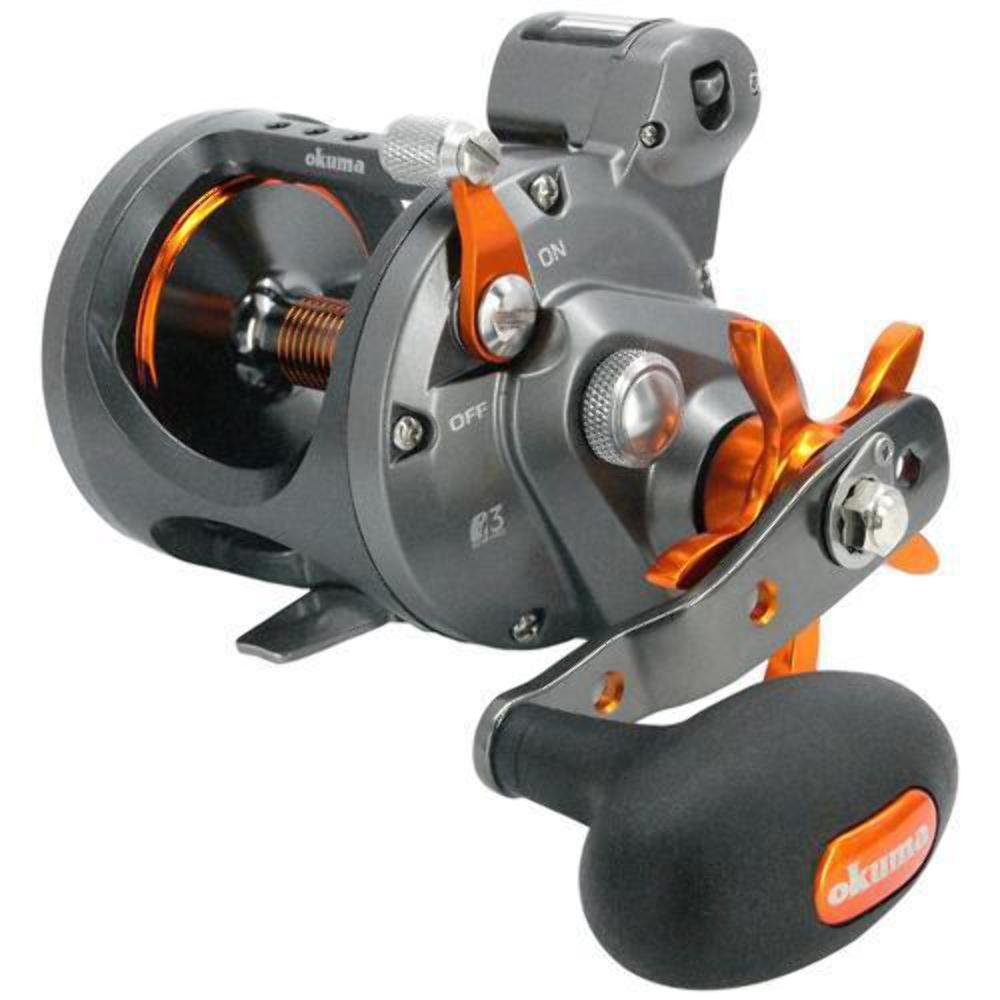 Okuma CW-453D front view highlights corrosion-resistant frame for reliable cold-water trolling.