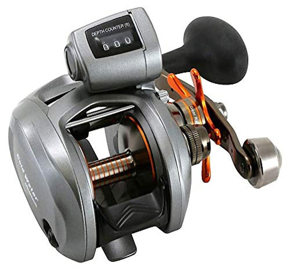 Okuma Coldwater 350 reel close-up highlighting rugged frame for durable saltwater linecounter use.