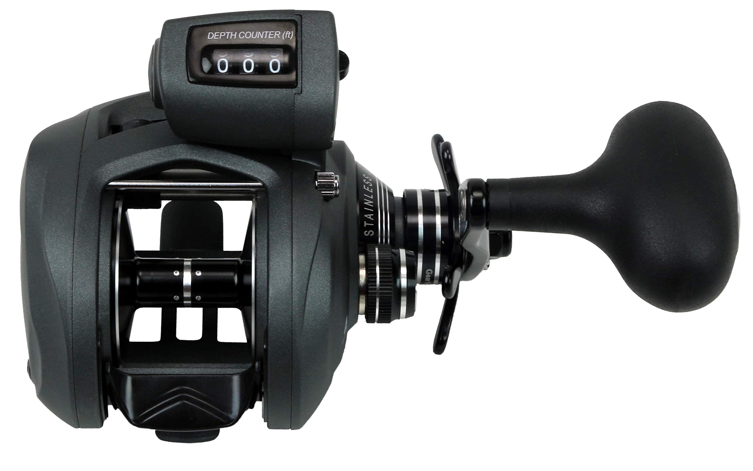 Okuma Coldwater SS low-profile reel front view highlights durable gears for tough retrieves.