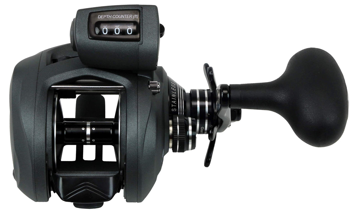 Okuma Coldwater SS low-profile reel front view highlights durable gears for tough retrieves.