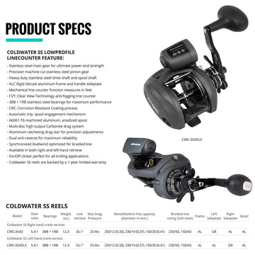 Okuma Coldwater SS low-profile reel side view demonstrates corrosion resistance and strong construction.