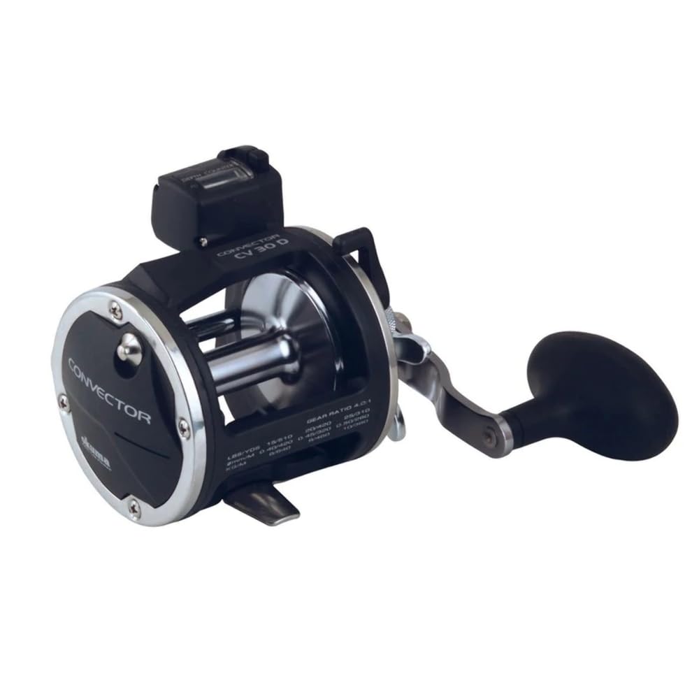 Okuma Convector Linecounter side view shows durable gearing and precise drag for salmon and lake fishing.