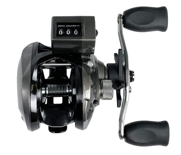 OKUMA CV-163D Convector reel close-up showing rugged construction for saltwater and freshwater use.