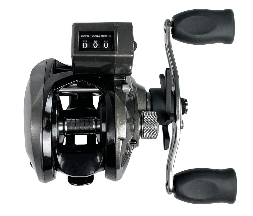 OKUMA CV-163D Convector reel close-up showing rugged construction for saltwater and freshwater use.