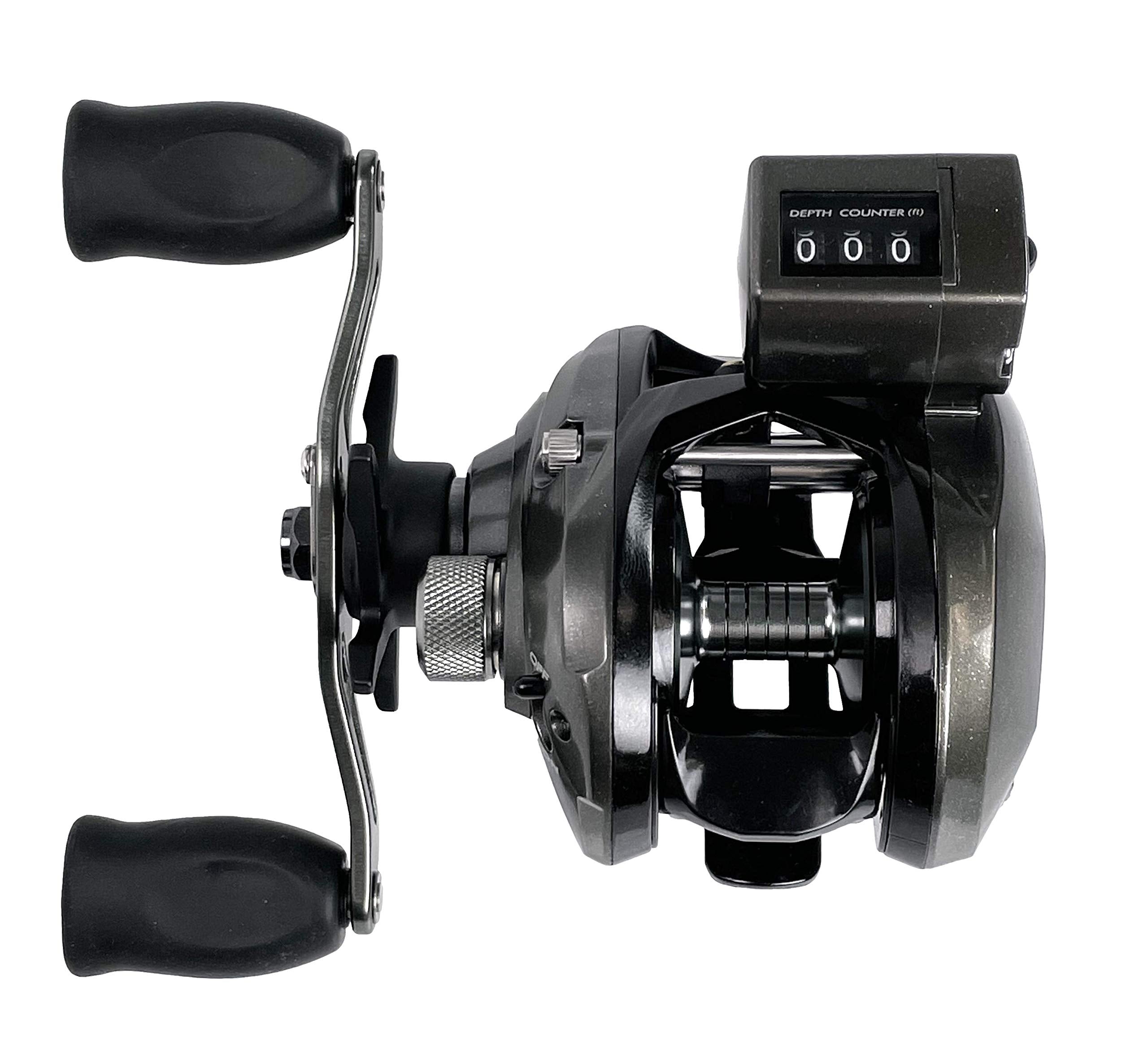 OKUMA CV-163DLX reel side view highlights dial and gear system for precise control.