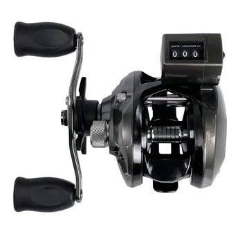 OKUMA CV-163DLX reel side view highlights dial and gear system for precise control.