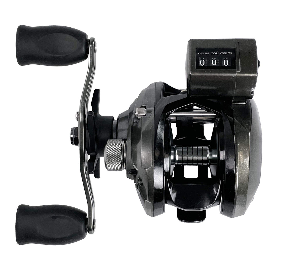 OKUMA CV-163DLX reel side view highlights dial and gear system for precise control.