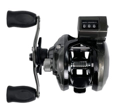 OKUMA CV-163DLX reel side view highlights dial and gear system for precise control.