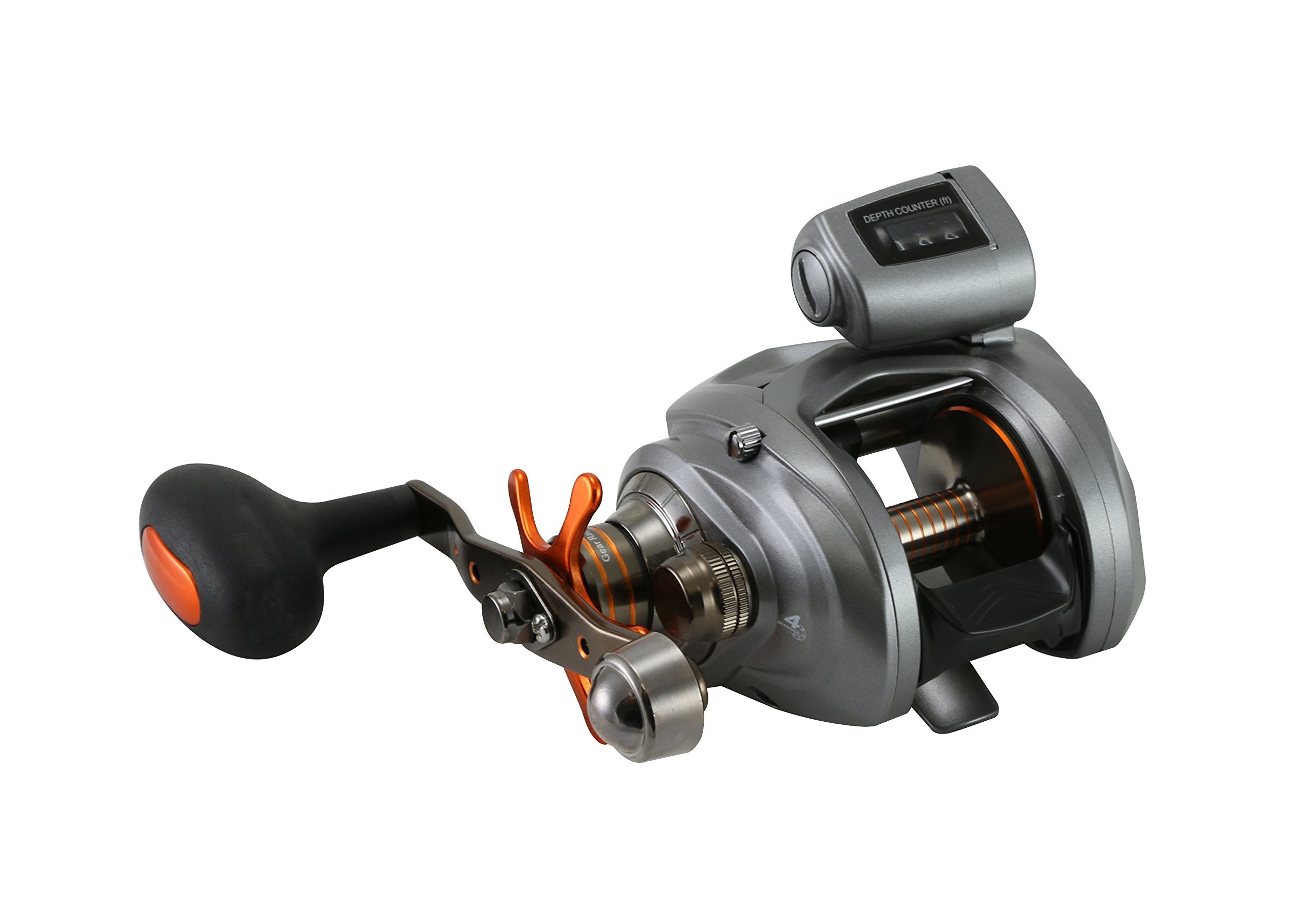 Okuma CW-354DLX line-counter reel front view highlights rugged aluminum frame for cold-water fishing