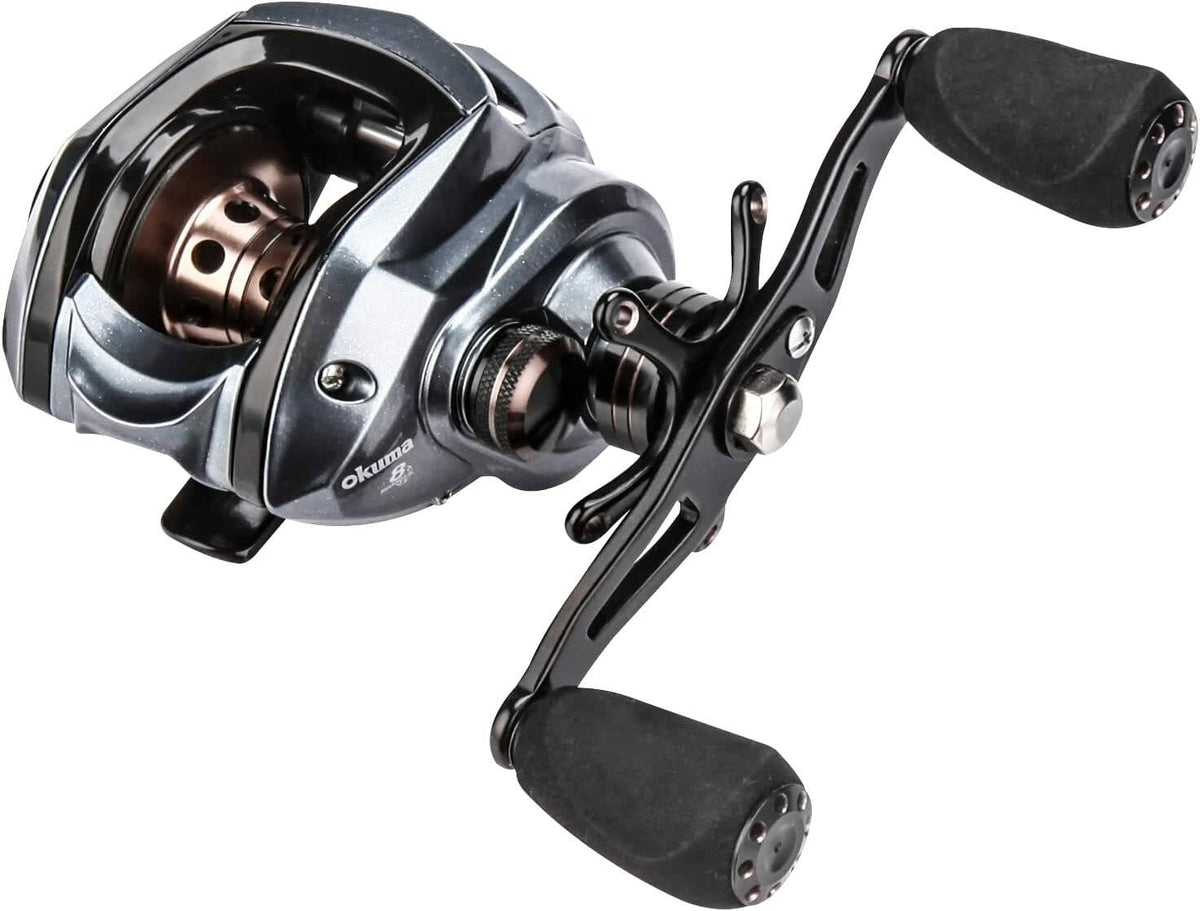 Okuma Epixor 100H-A reel front view highlighting corrosion-resistant frame and spool