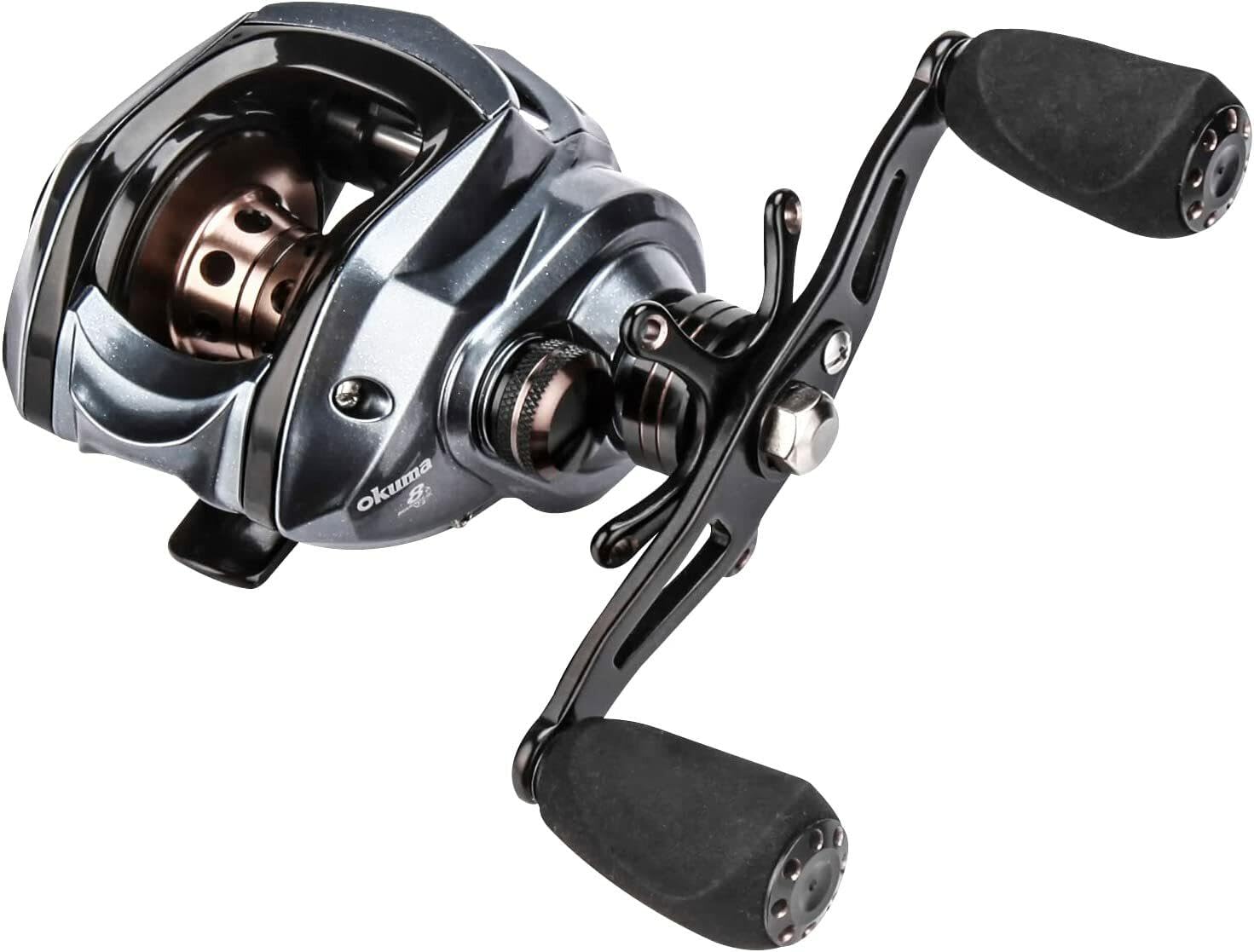Okuma Epixor 100H-A reel side view showing palm-side access and left/right retrieve option