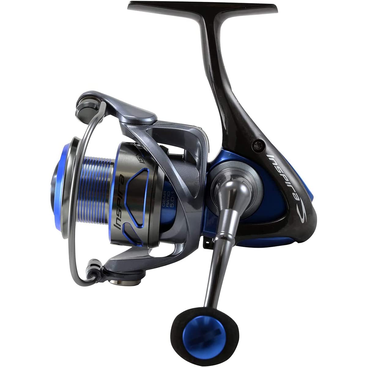 Okuma Inspira blue carbon-frame reel front view highlights lightweight performance for long casts.