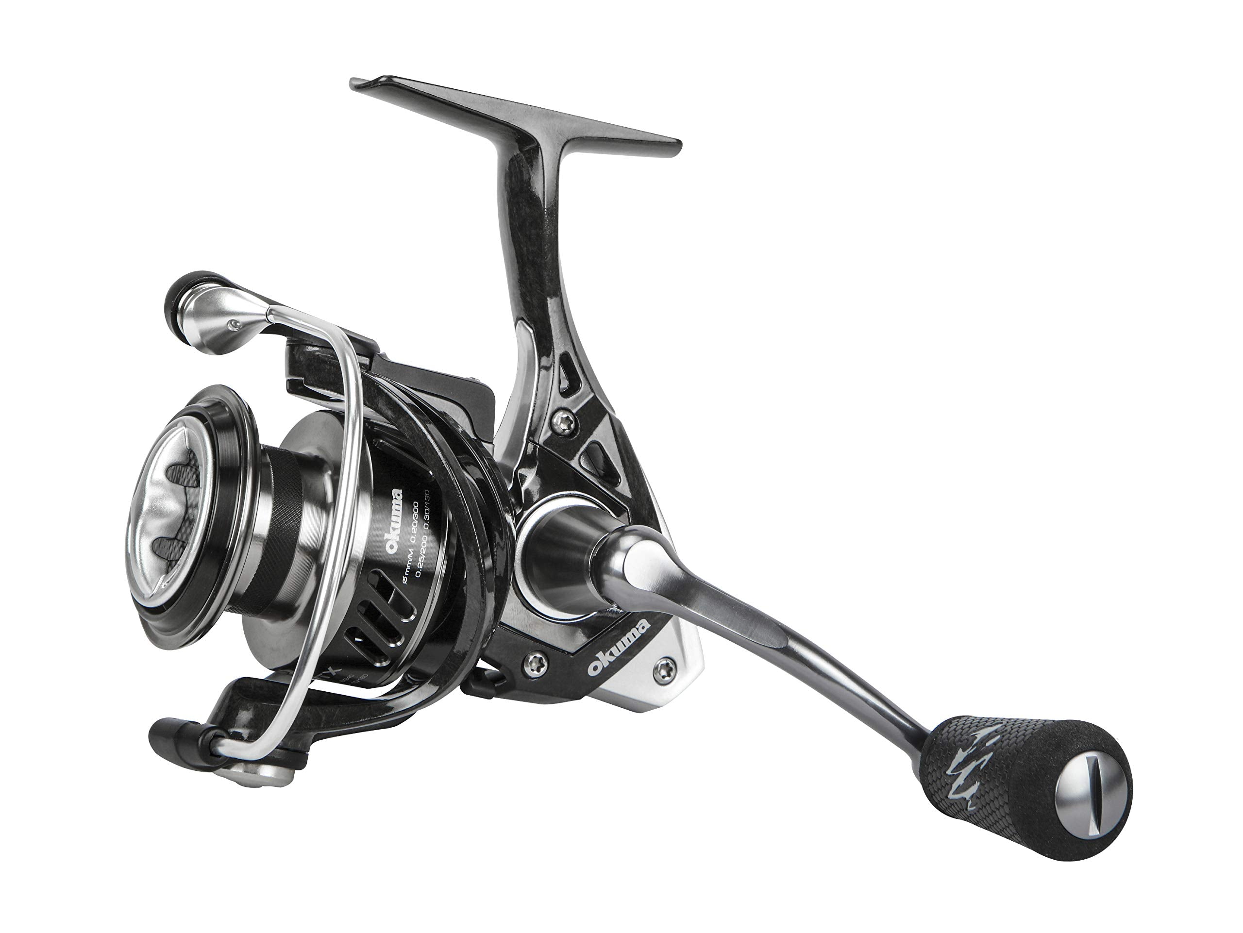 OKUMA ITX-1000H spinning reel side view shows rugged construction for demanding fishing.