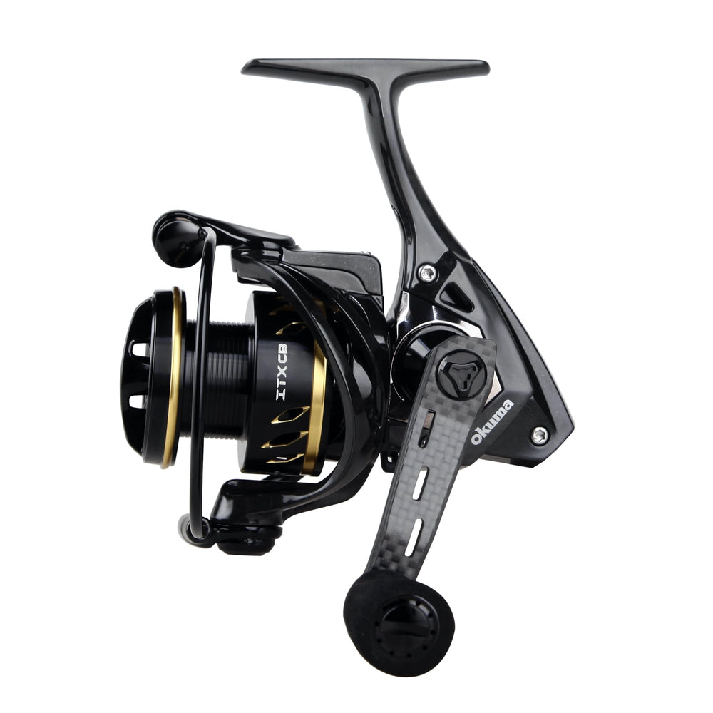Okuma ITX-CB side view highlights the reversible carbon fiber handle for a secure grip