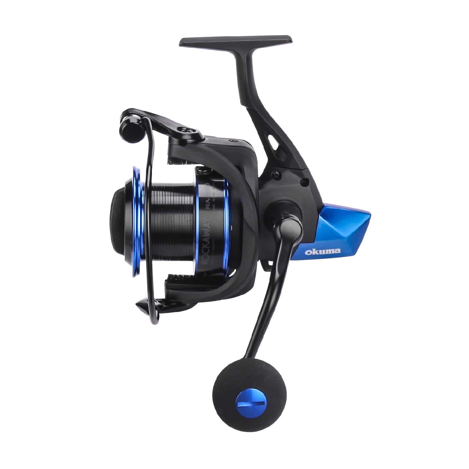 Okuma Rockaway graphite body spinning reel front angle showing sturdy build for saltwater use