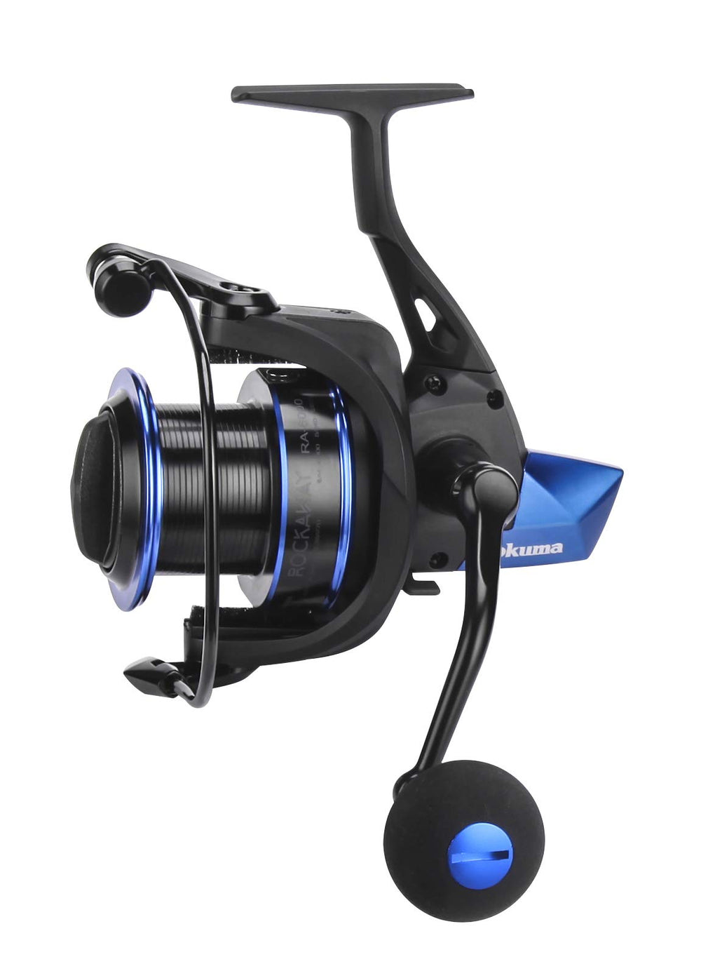 Okuma Rockaway graphite body spinning reel spool close-up highlights long cast design