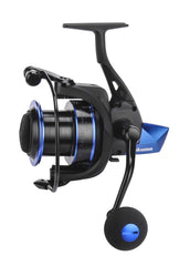 Okuma Rockaway graphite body spinning reel spool close-up highlights long cast design
