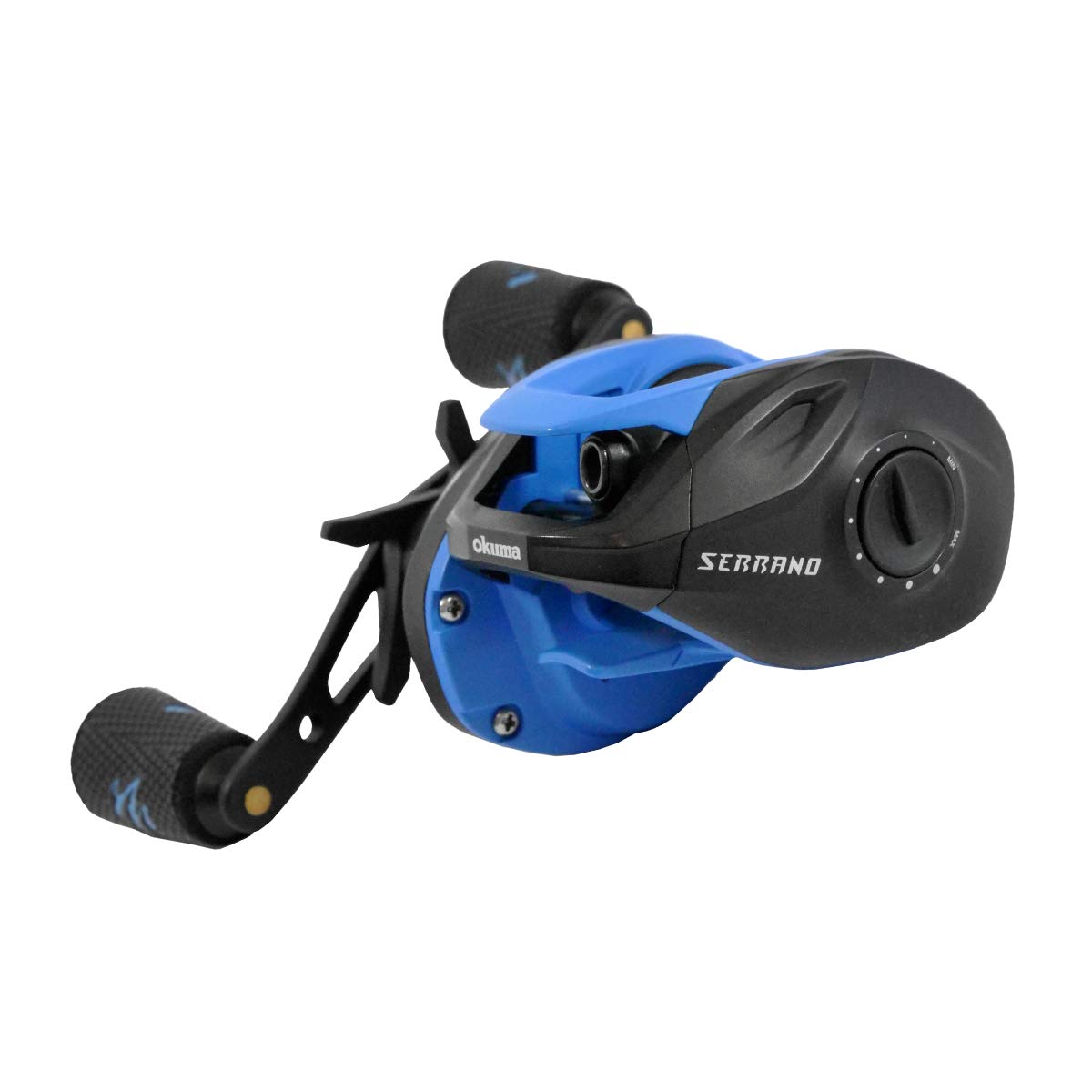 Okuma Serrano reel side plates in corrosion-resistant graphite provide durable lightweight performance.