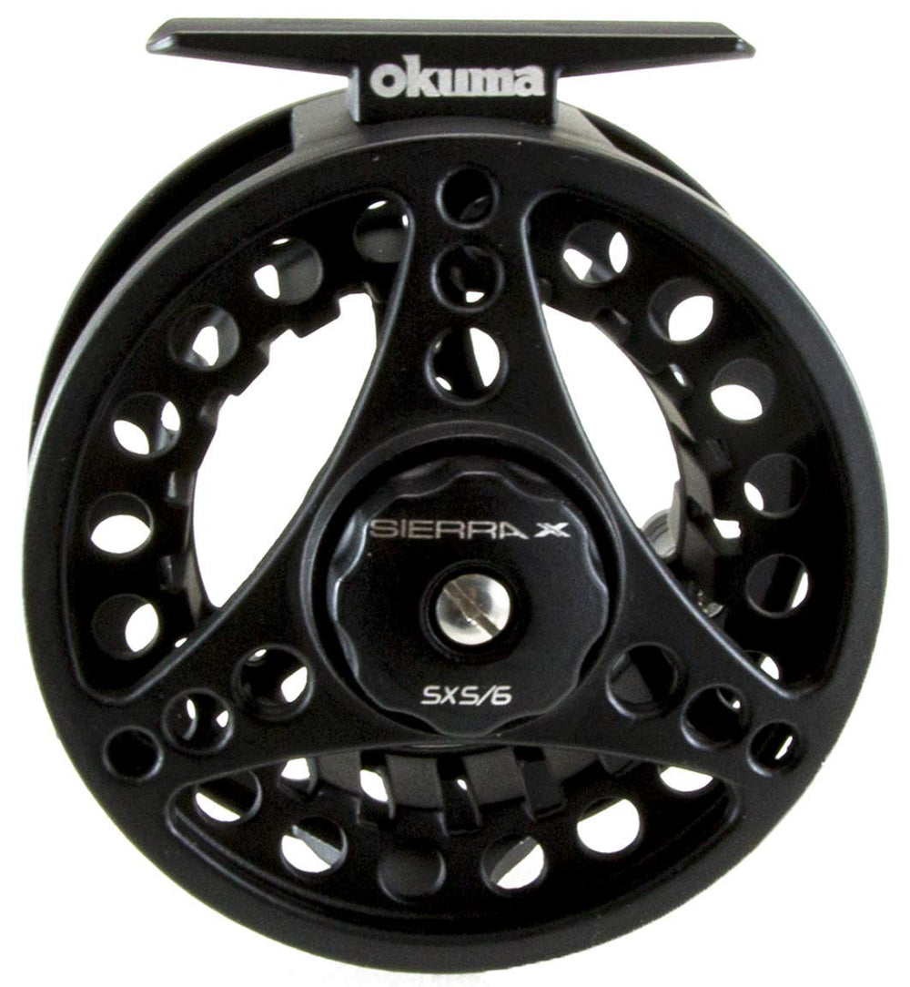 Okuma Sierra fly reel side view showing ambidextrous retrieval and compact bearings.