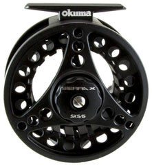Okuma Sierra fly reel side view showing ambidextrous retrieval and compact bearings.