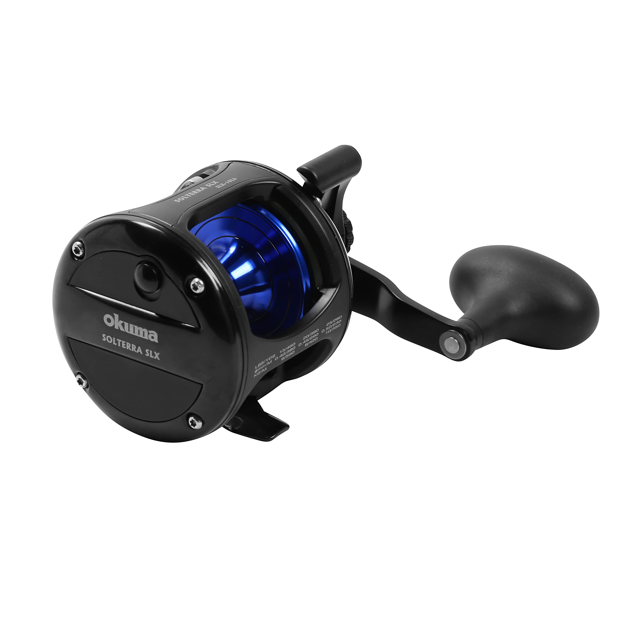 Okuma Solterra SLX drag lever closeup highlighting smooth adjustment for precise trolling.
