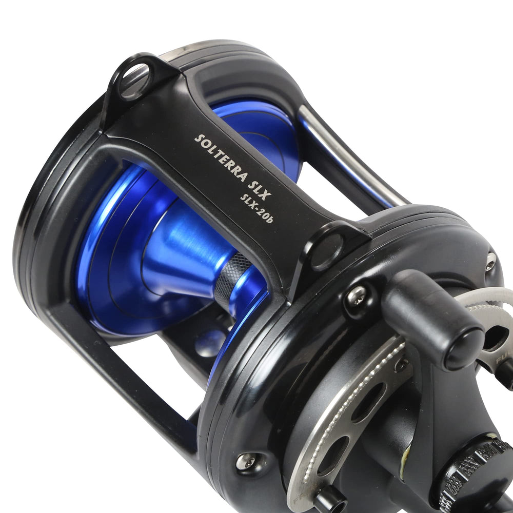 Okuma Solterra SLX lever-drag action demonstrated on a saltwater setup.