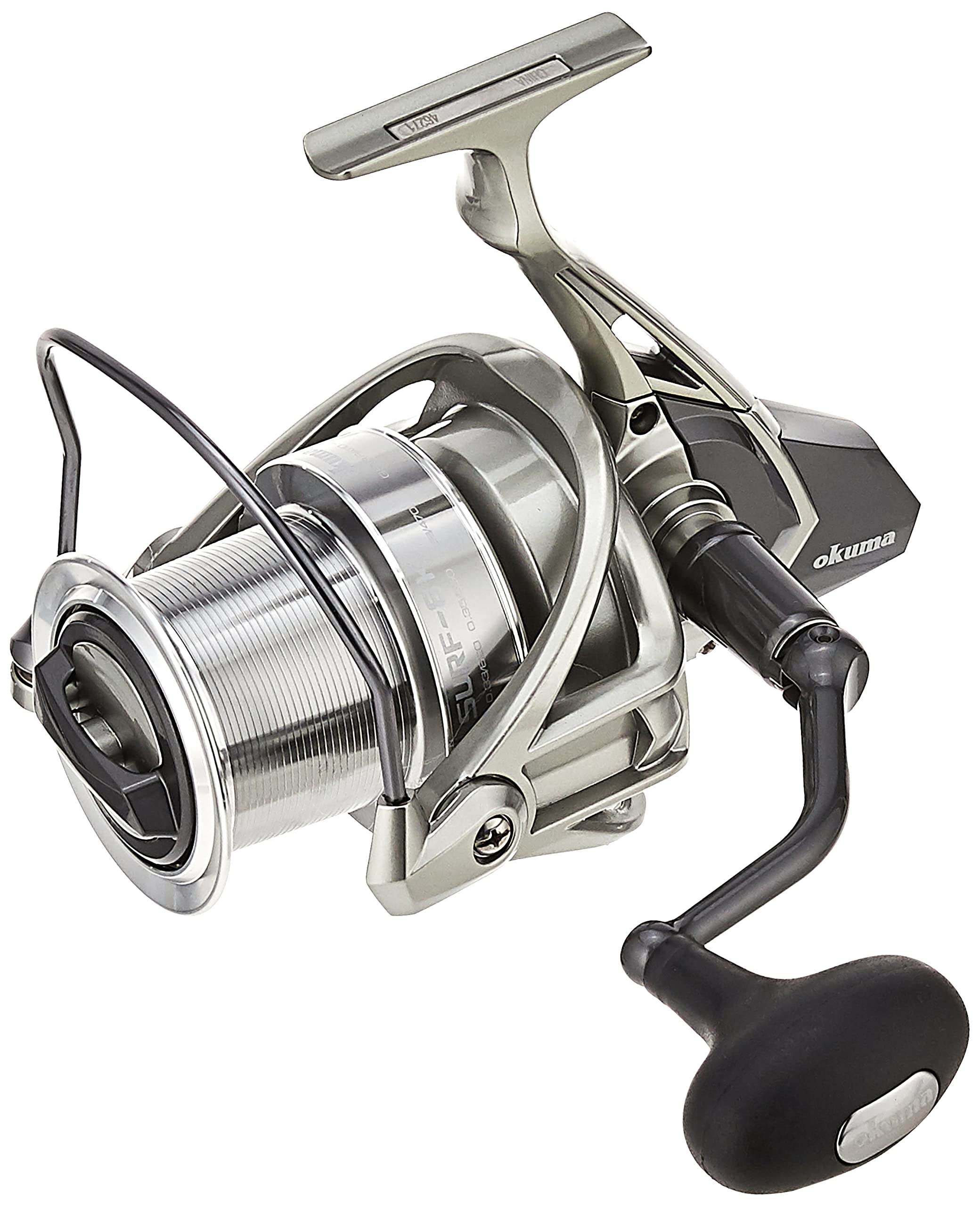 OKUMA Surf-8K long casting spinning reel showing distance-boosting design for braided lines.