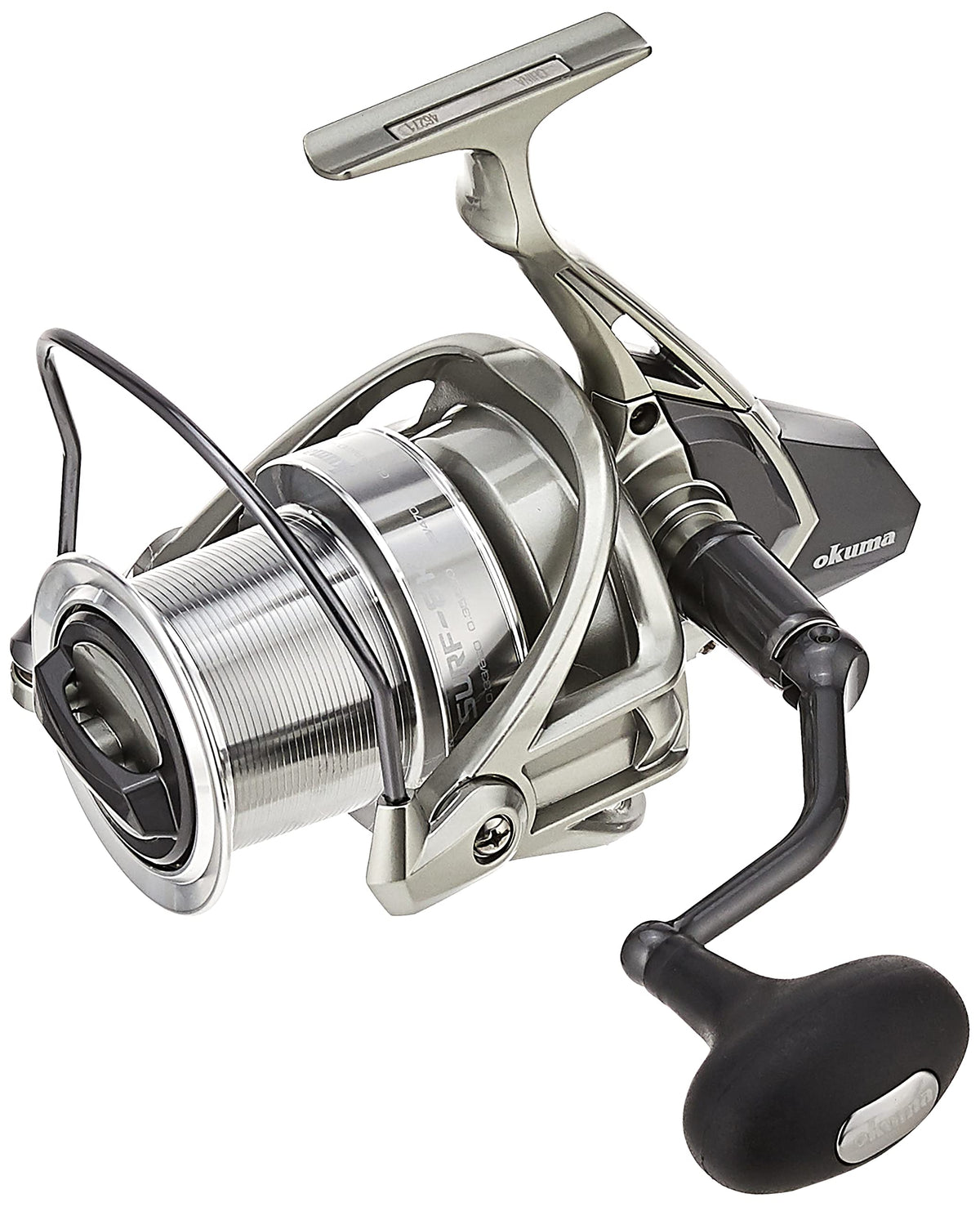 OKUMA Surf-8K long casting spinning reel showing distance-boosting design for braided lines.