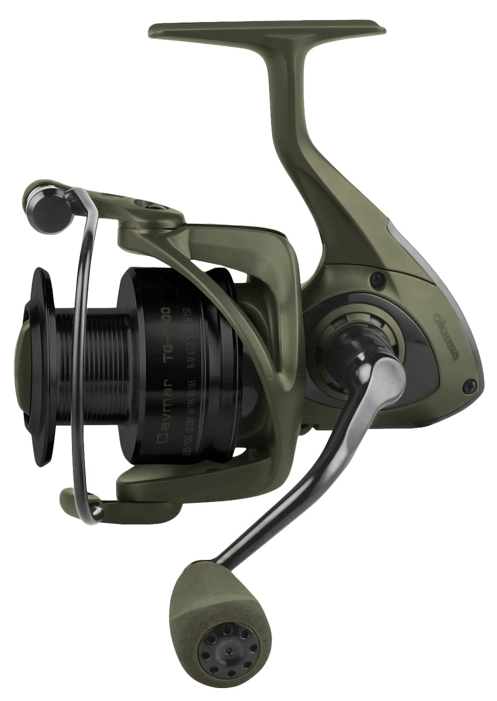 OKUMA TG-500 Ceymar tactical green reel close-up showing smooth drag for saltwater fishing
